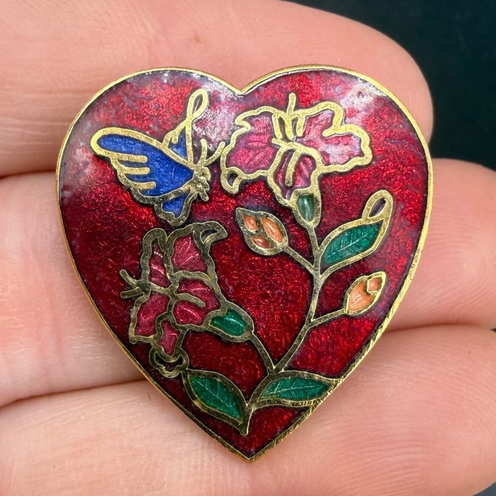 Vintage Cloisonne Enamel Heart Brooch Pendant Lot Gold‎ Tone